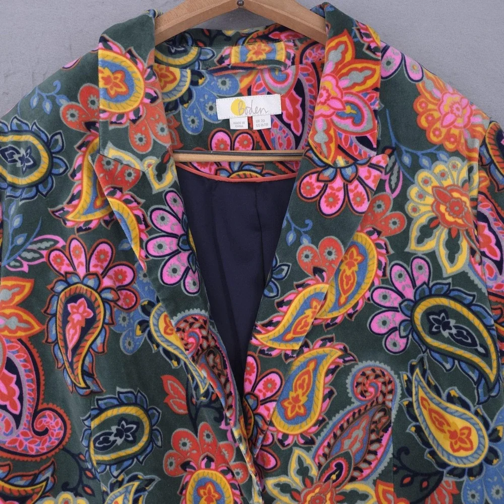 Boden Blazer Womens 16/18 Multicolor Velvet Paisley Floral Jacket Lined Boho